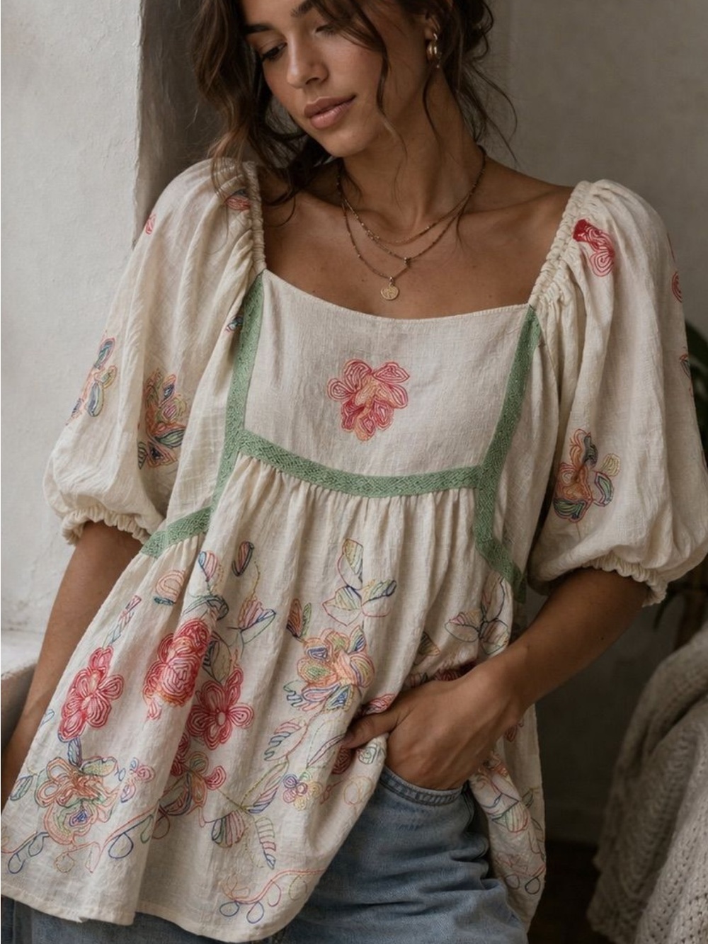 easel Cream Embroidered Puff-Sleeve Peasant Top with Pink Floral Accent